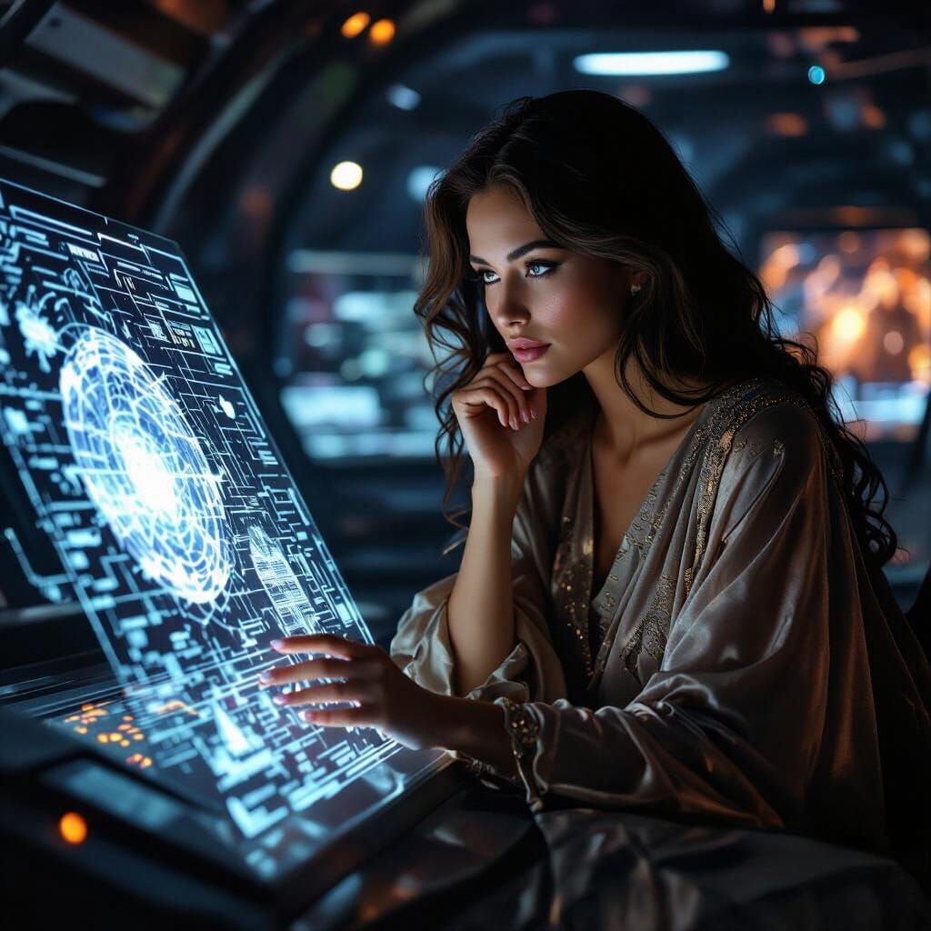 Cosmic Film Noir: Woman Contemplates Alien World Map