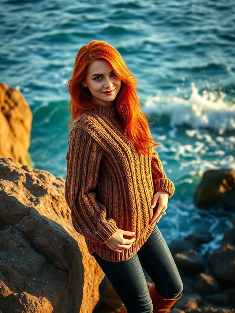 Captivating Redhead Leans Against Turquoise Shore
