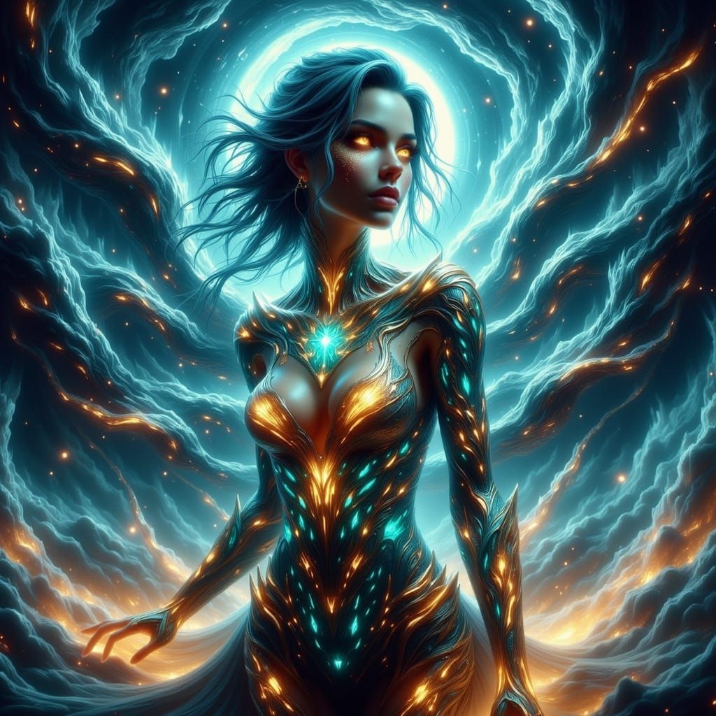 Celestial Valkyrie in Cosmic Vortex, Expressive Brushstrokes