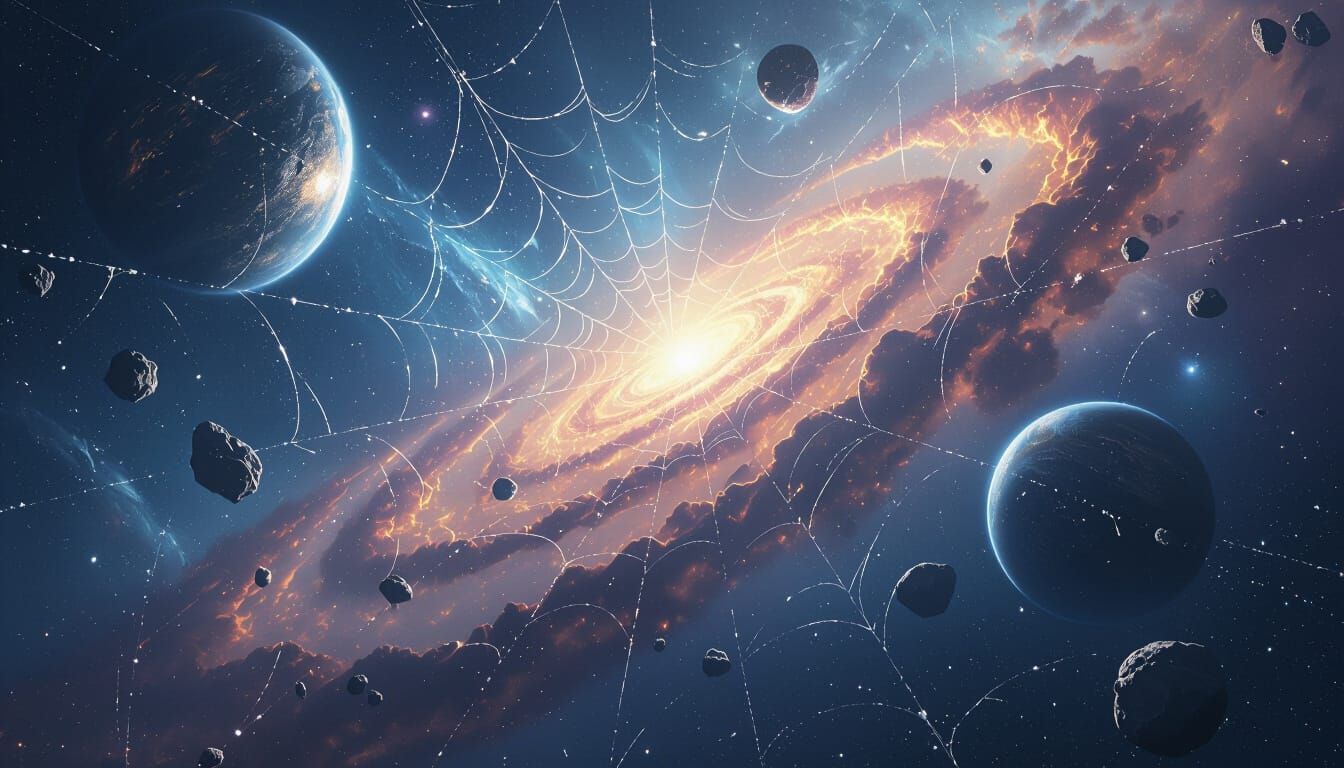 Cosmic Spider Web Between Galaxies in Painterly Style