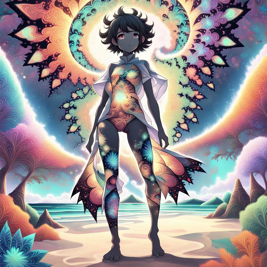 Surreal Anime Goddess Embodies Vibrant Fractal Beach