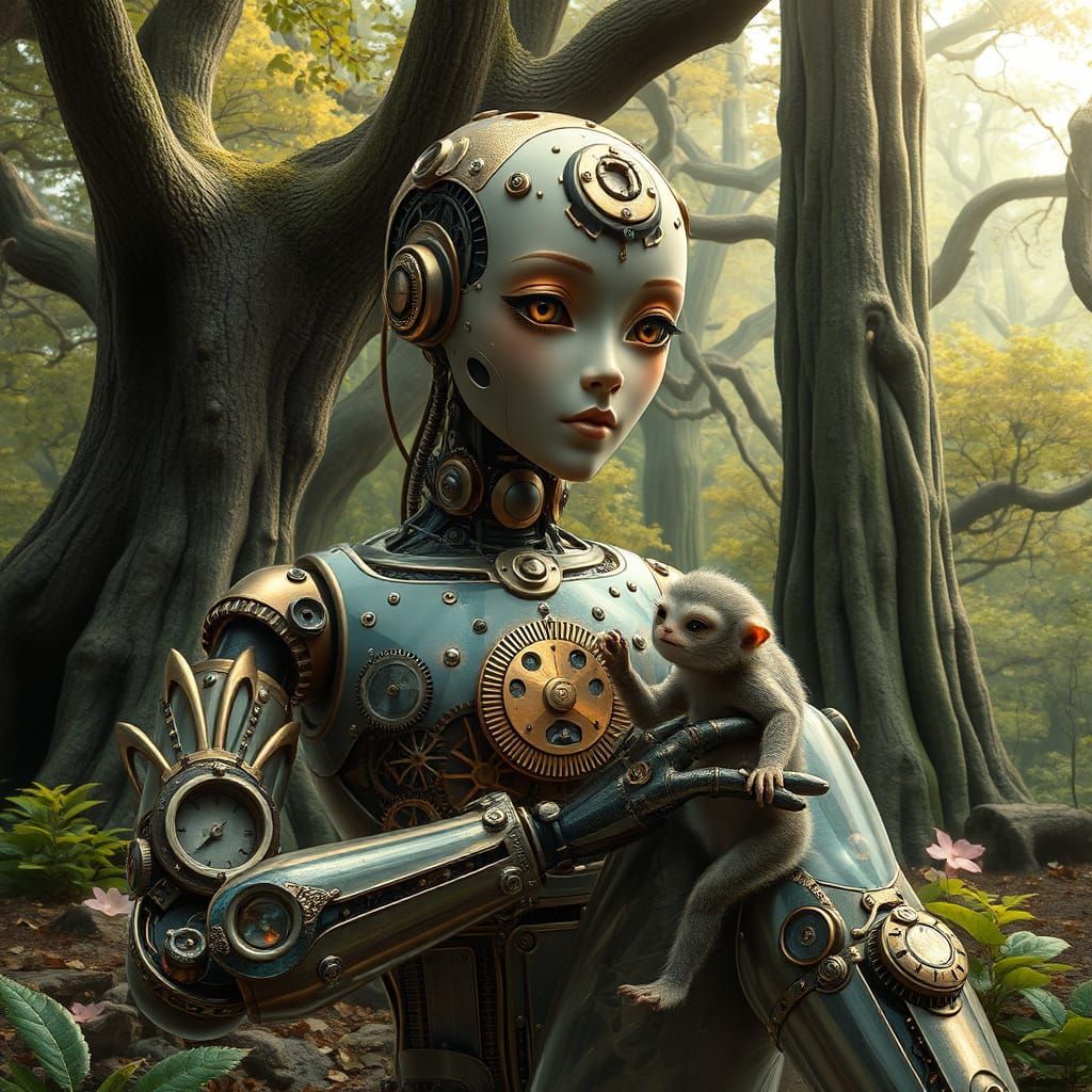 Steampunk Android in Whimsical Forest