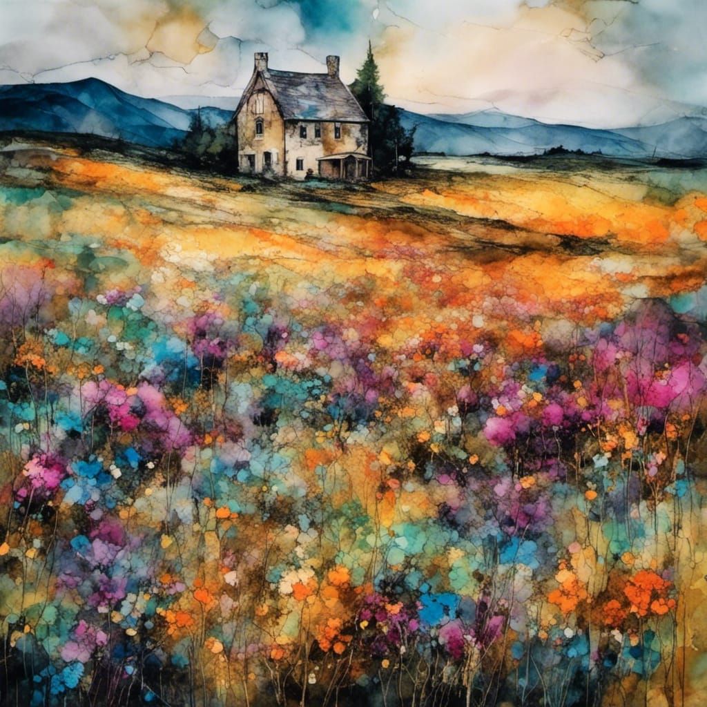 Colorful Farmhouse Scene with Alcohol Ink Effects