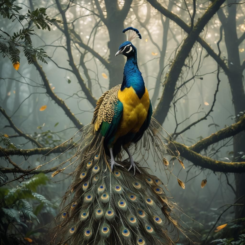 Yellow Peacock Displays Plumage in Misty Forest
