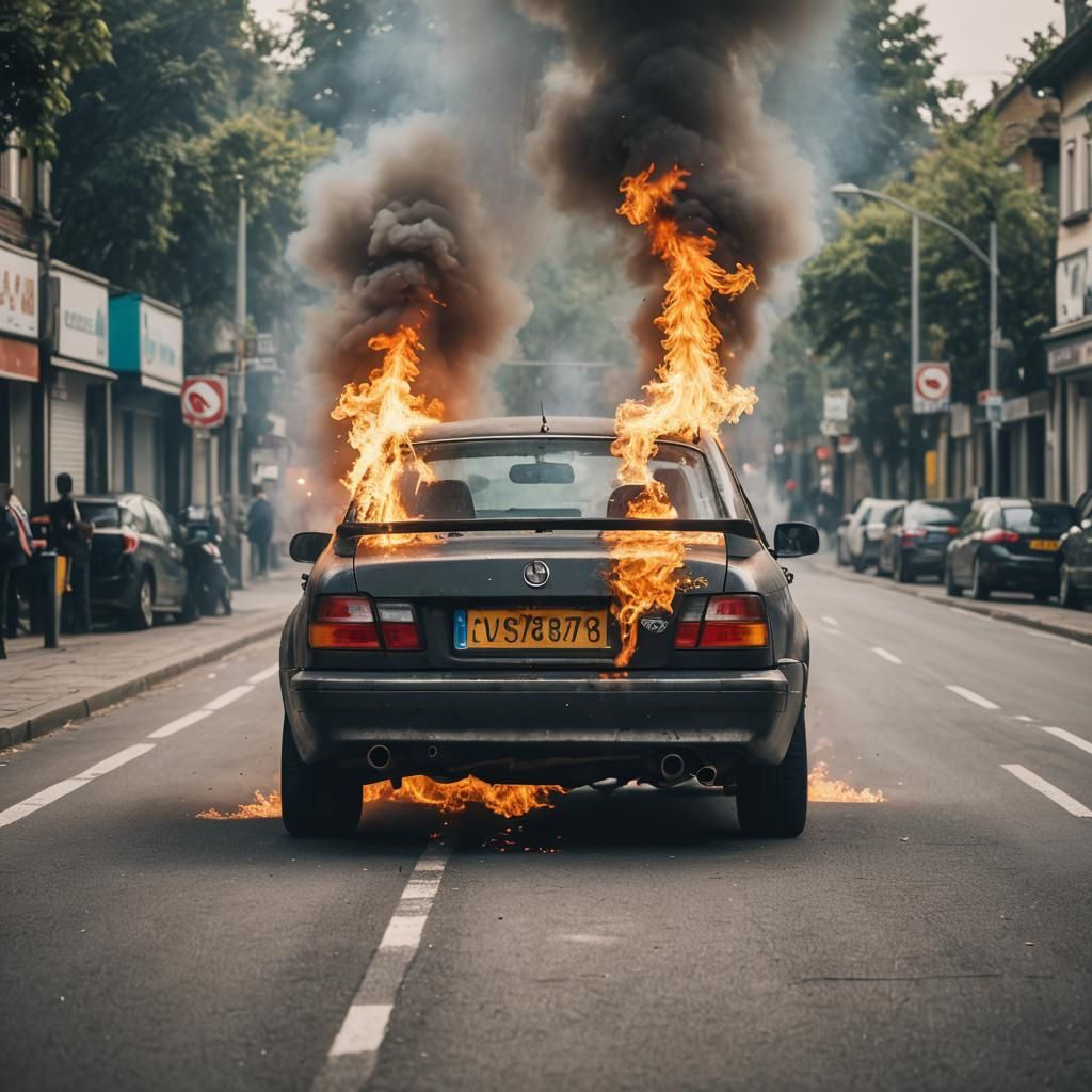 Fiery Car Exhaust Back View