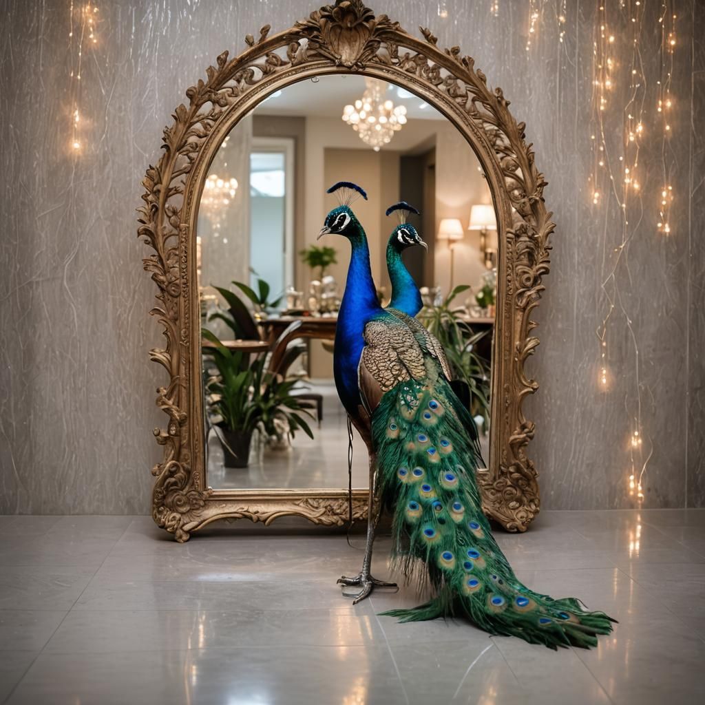 Peacock Displaying Tail Feathers in Mirror