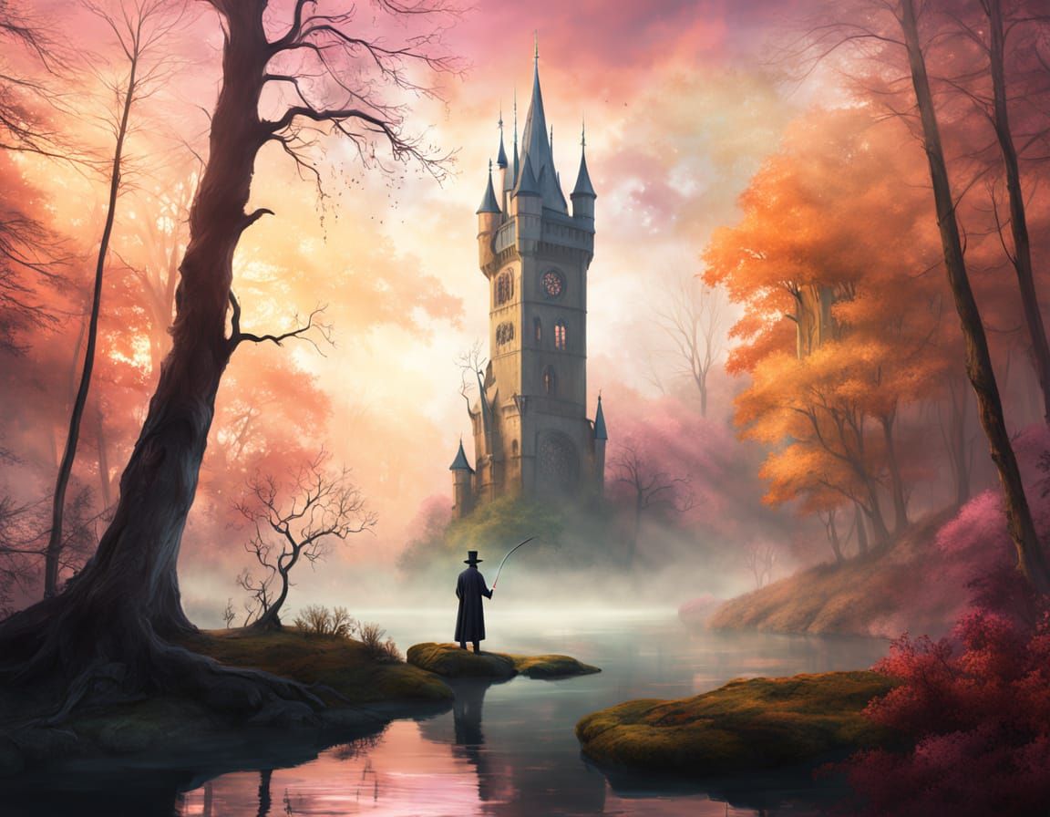 Mystical Forest Tower at Dawn, Moody Digital Painting