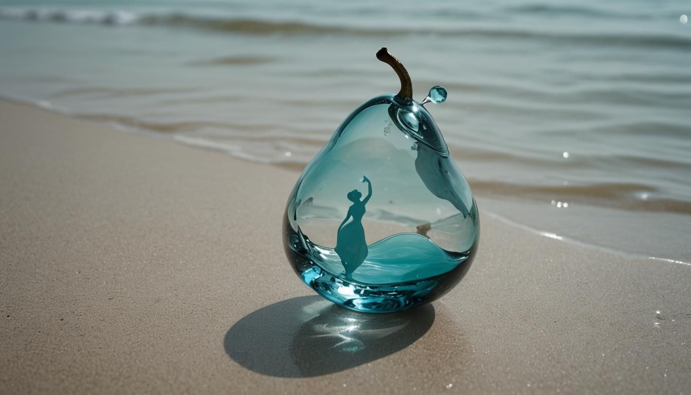 Glass Pear Reflecting Cyan Sea: Hyperrealistic Image