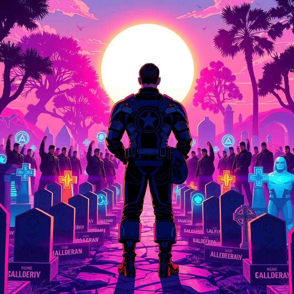 Captain America in a Futuristic Funeral Scene with 50 Heroes...
