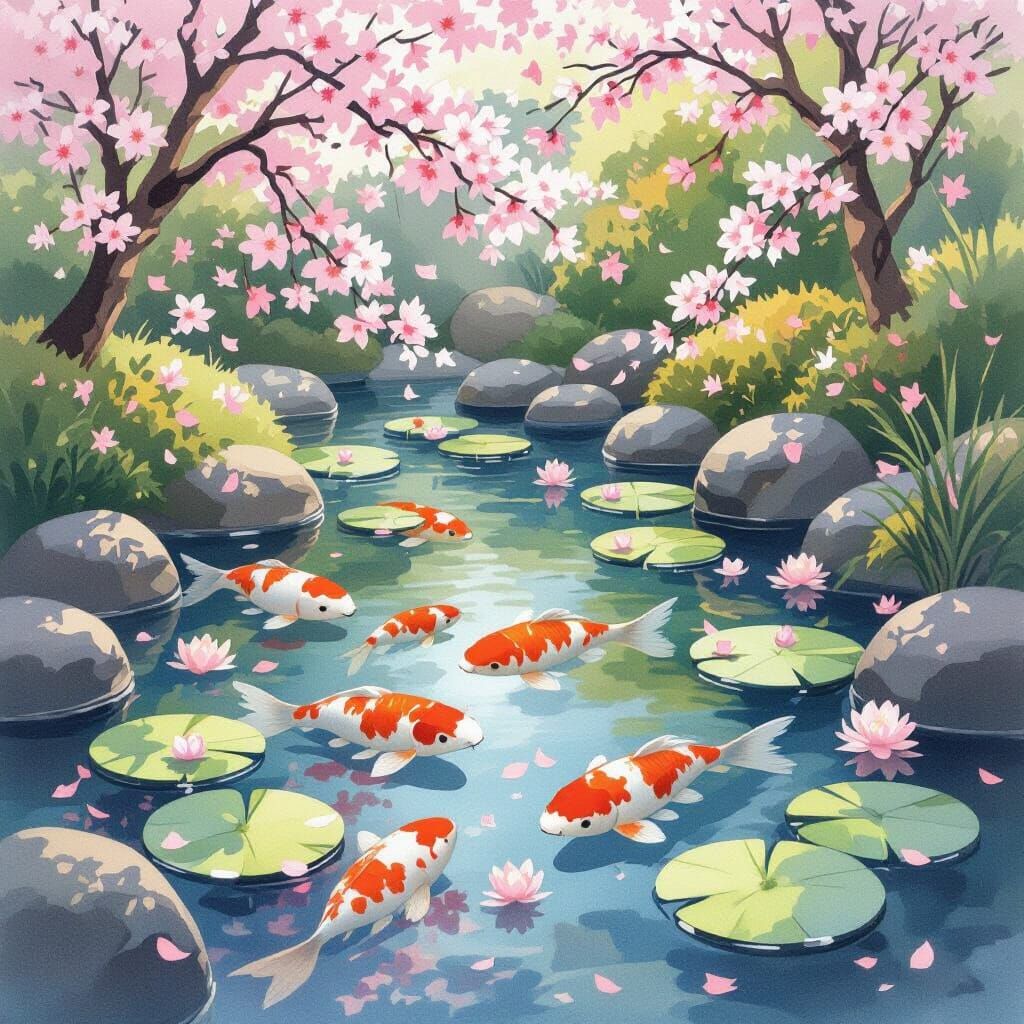 Koi Pond in Japanese Garden, Watercolor Style