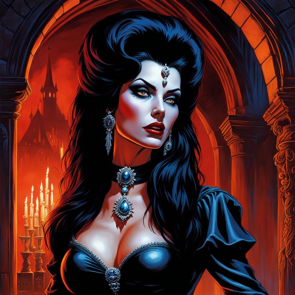 Gothic Deathrock Woman in Dracula's Castle, Comic Art