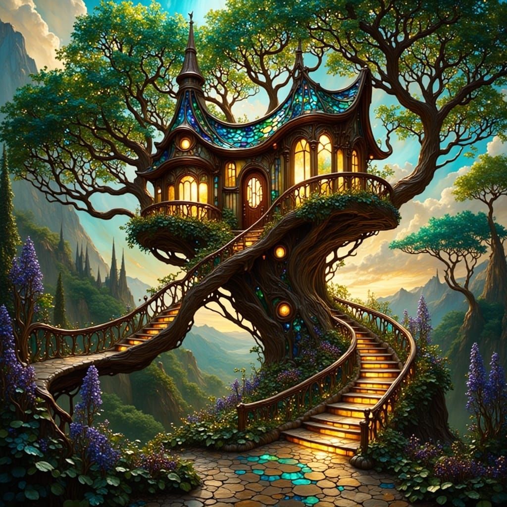 Stained Glass Elvish Treehouse Architecture