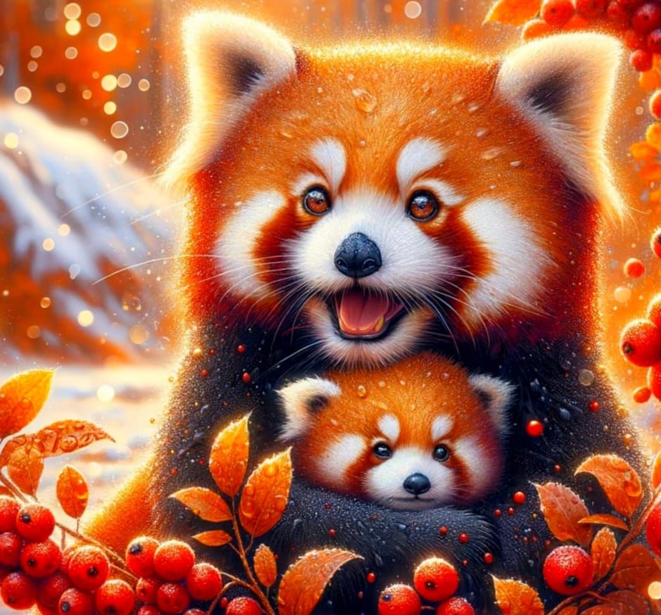 Joyful Red Panda Family in Amber Light Oil Painting