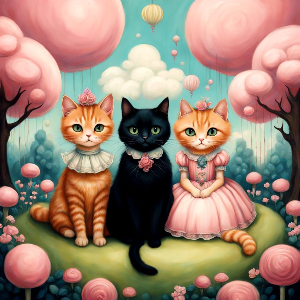 Surreal Whimsical Felines in a Candyland Dreamscape