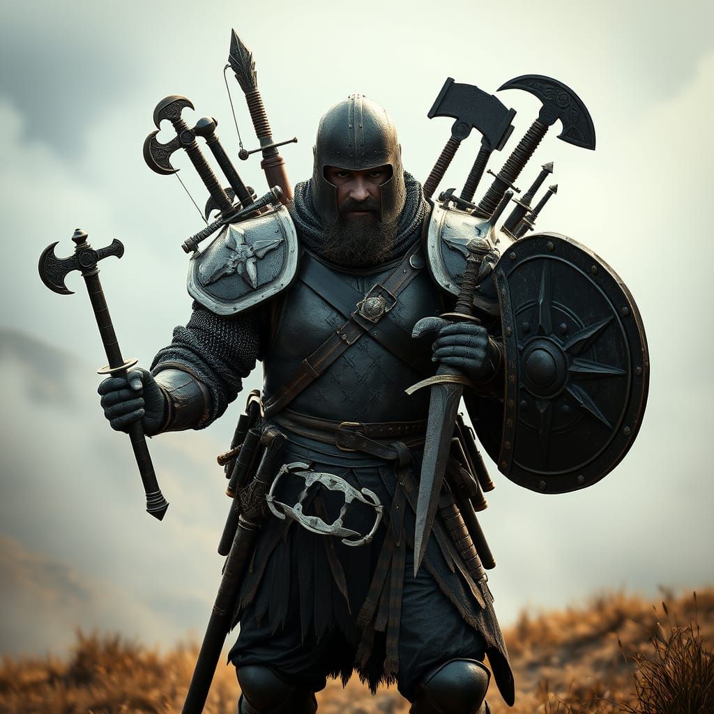 Epic Fantasy Warrior Burdens Unyielding Arsenal of RPG Iconi...