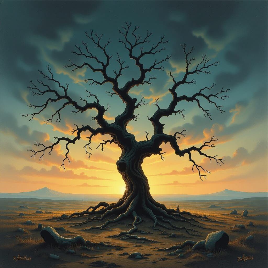 Ancient Tree in Desolate Landscape Under Twilight Sky