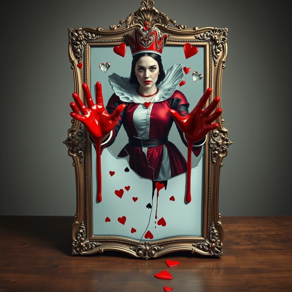 Queen of Hearts Emerges from Cracked Mirror