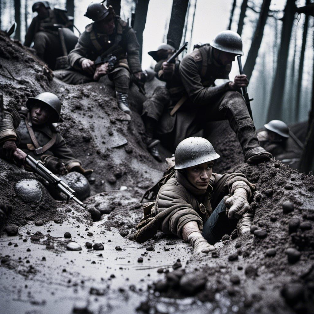 Muddy Trenches: Soldiers Await Attack in Color