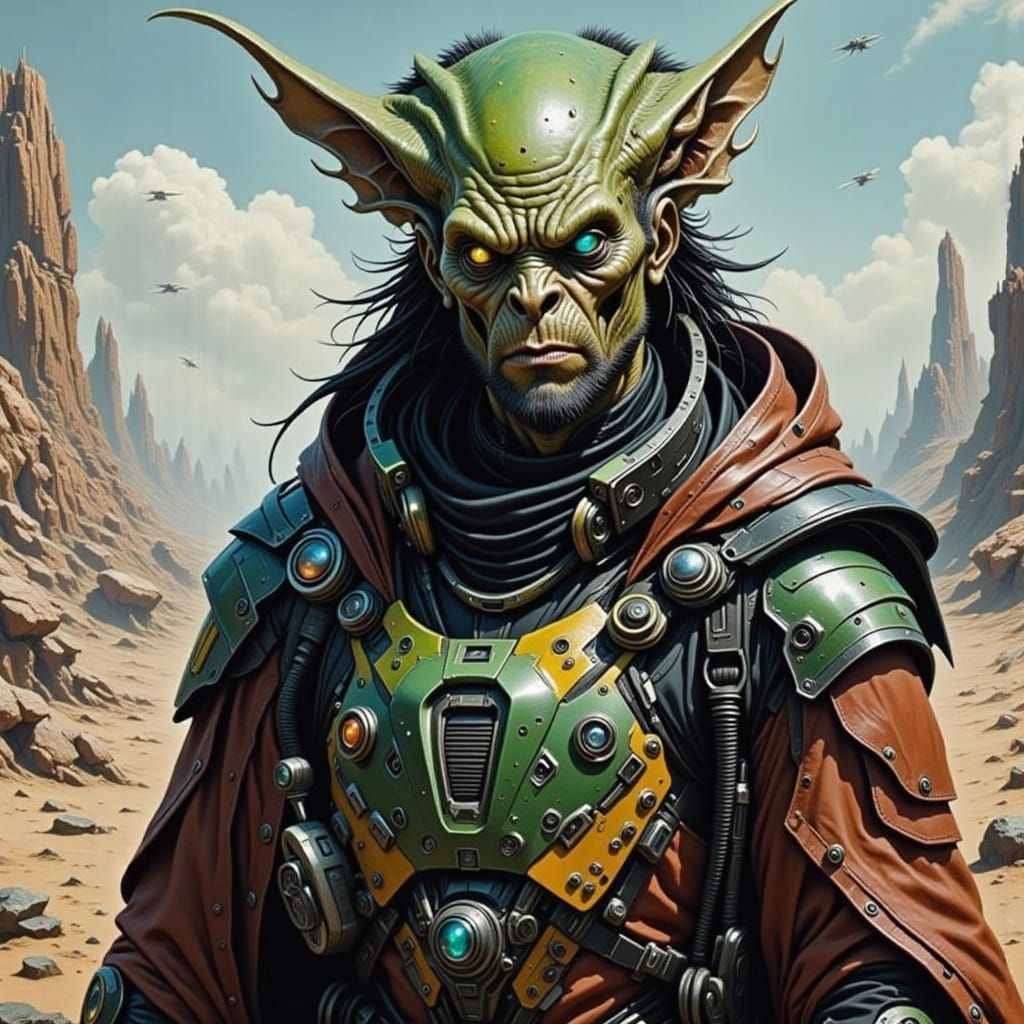 Surreal Sci-Fi Alien Warrior in a Futuristic Neon Landscape