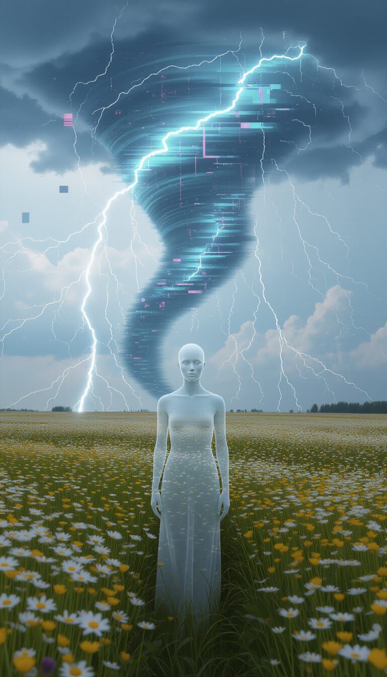 Surreal Ghostly Figure in Wildflower Field Under Glitched To...
