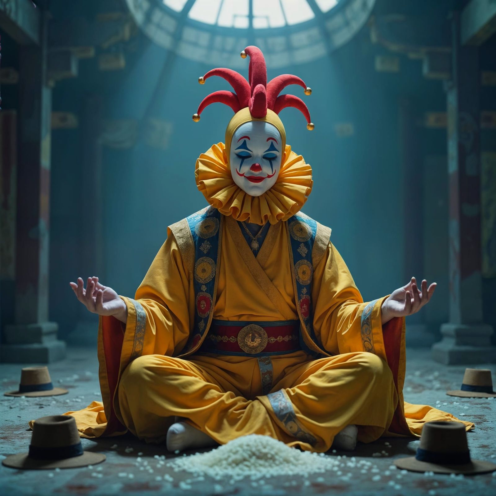 The Yellow Monk: Serene Deity in Circus Sanctuary