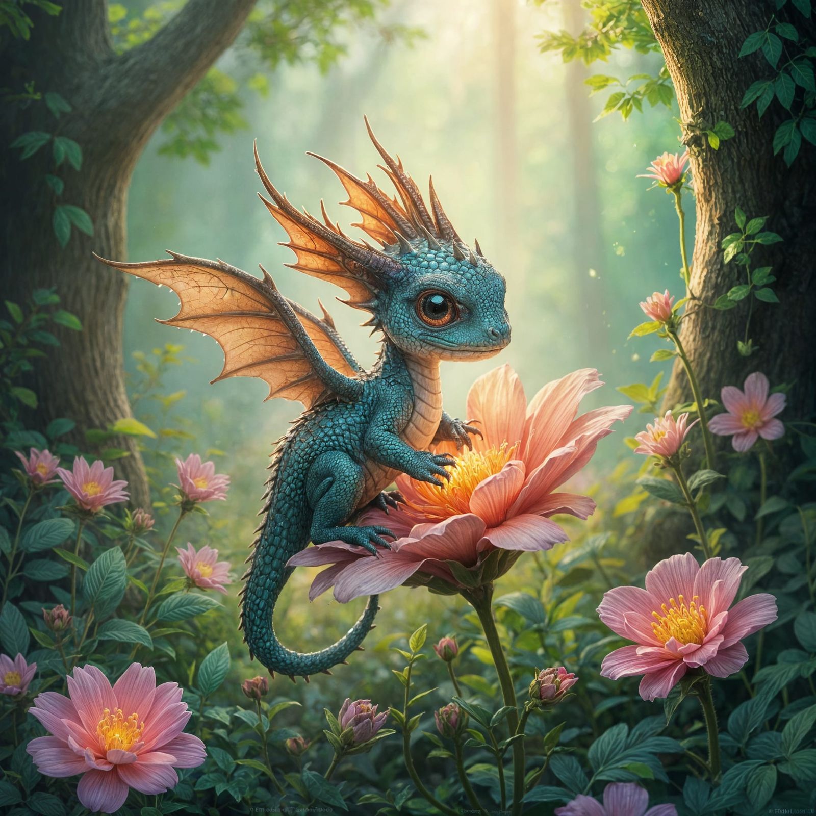Dragon Hatchling on Luminous Flower, Watercolor Art