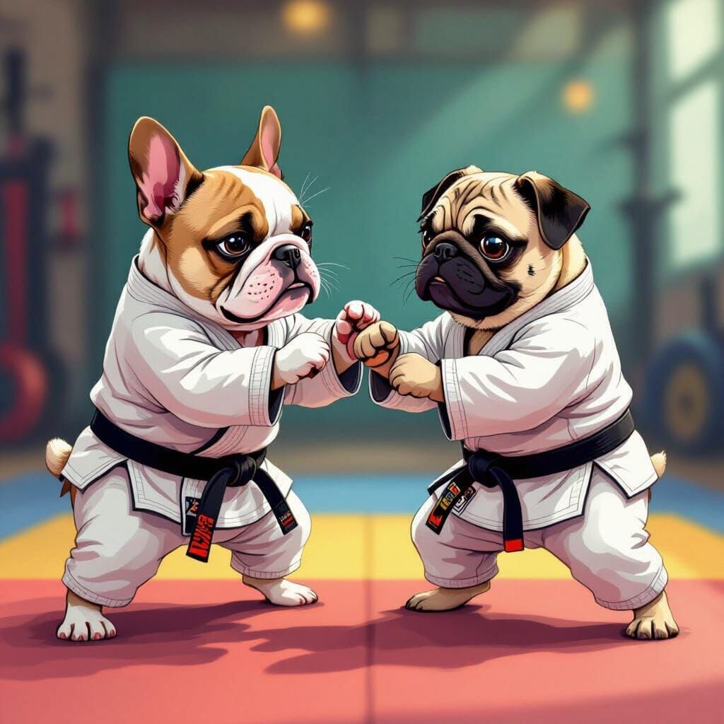 French Bulldog and Pug Jiu-Jitsu Fight