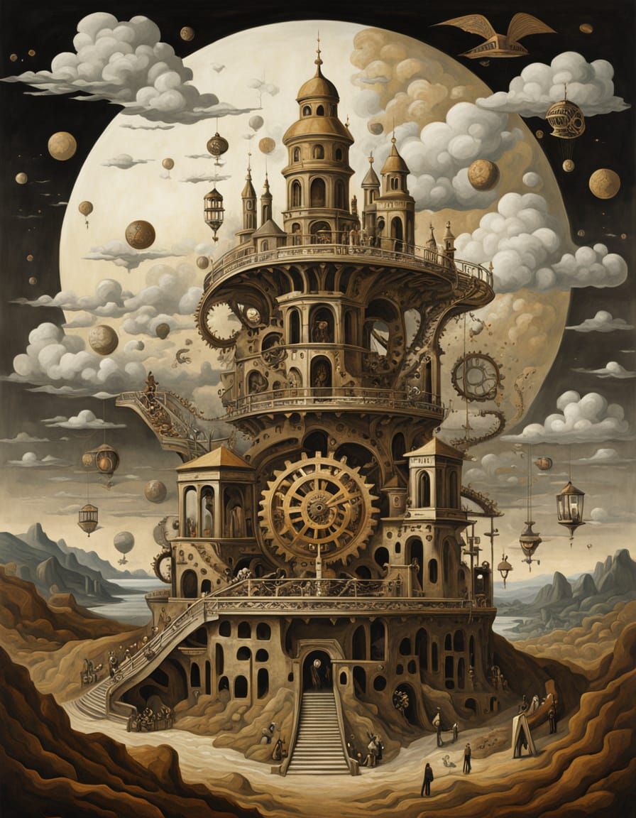 Surreal Escher-esque Structure with Time and Gears