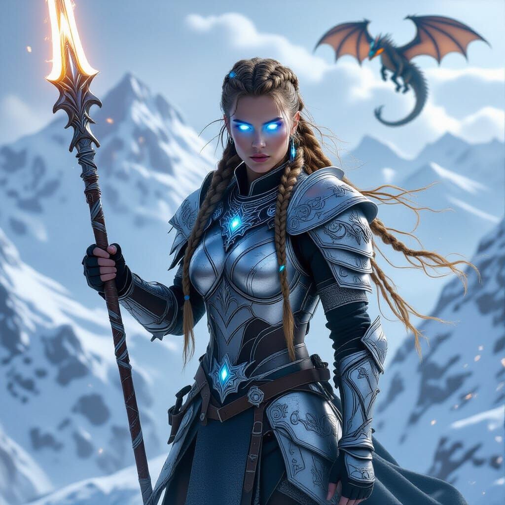Fierce Valkyrie on Mountain Peak with Dragon