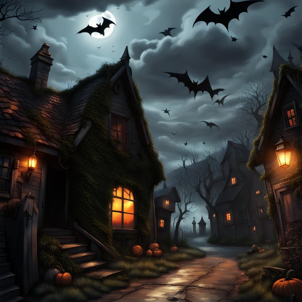 Spooky Village Scene with Witch in Hyperrealistic Style