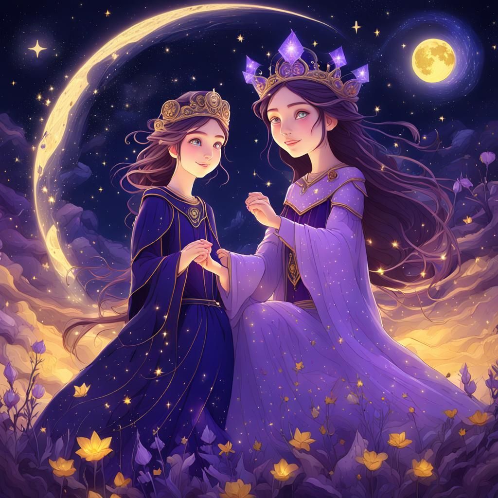 Princess and Witch Mother in Starry Night