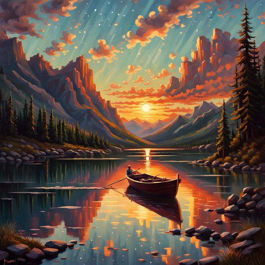 Sunset Lake Boat Under Starry Sky