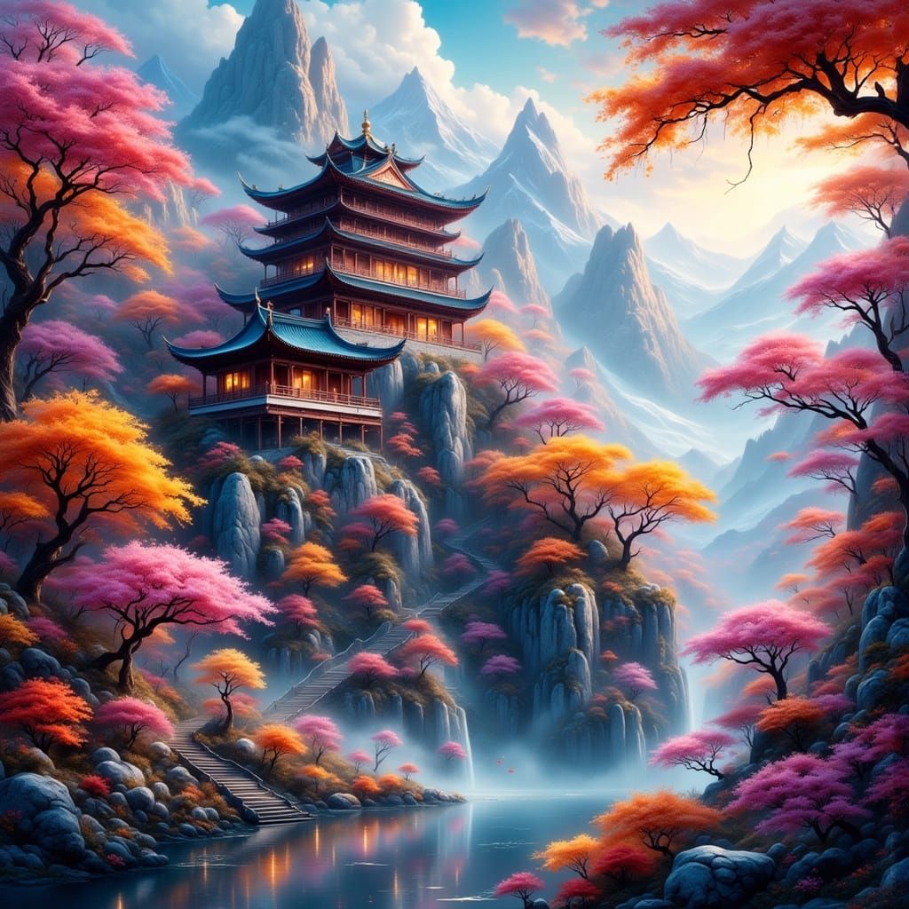 Chinese Palace in Autumnal Mountains, Dark Fantasy Concept