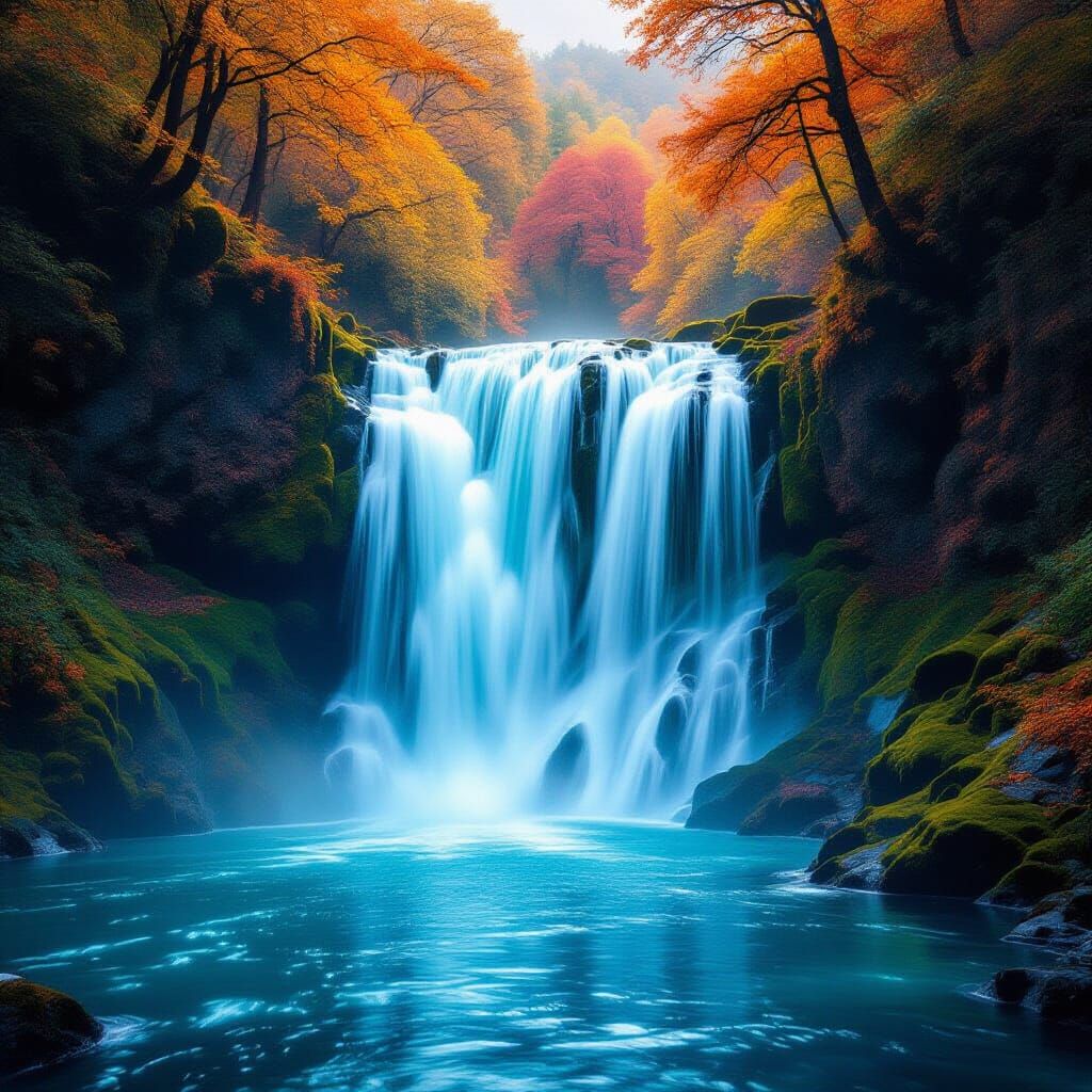 Surreal Waterfall with Flowing Blue Waters