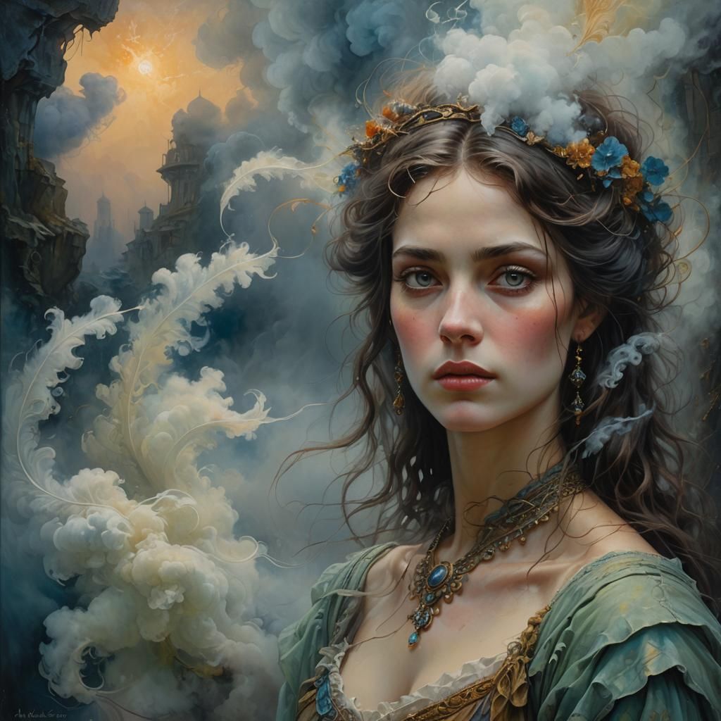 Mysterious Woman in Dreamlike Surreal Oil Painting