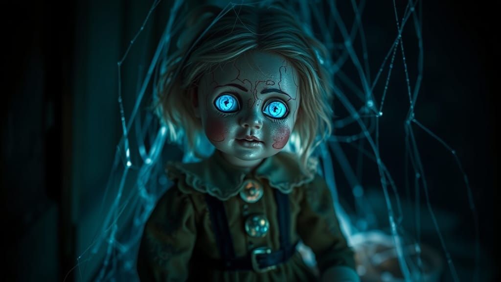 Antique Doll with Glowing Eyes in Eerie Darkness