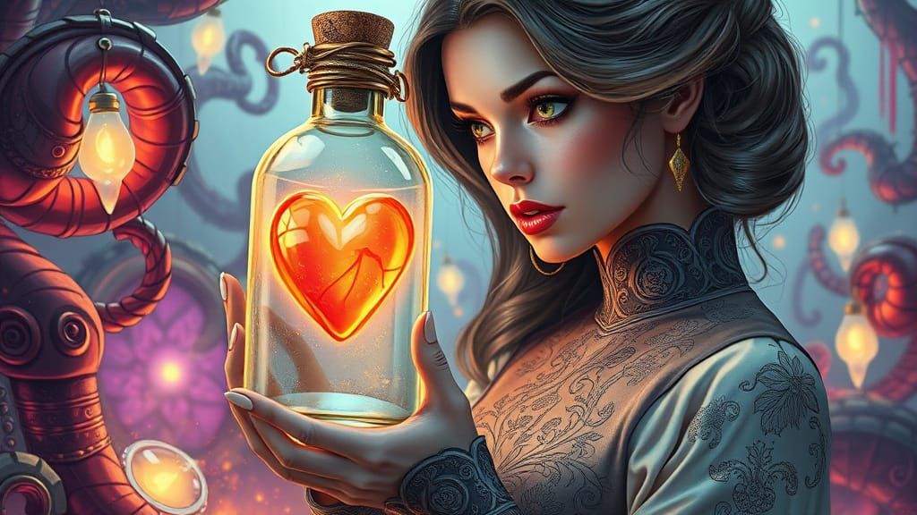 Steampunk Woman Contemplates Art Nouveau-Inspired Heart