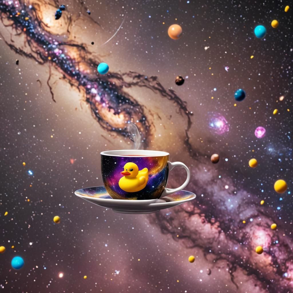 Smiling Rubber Duck in Space with Teacup