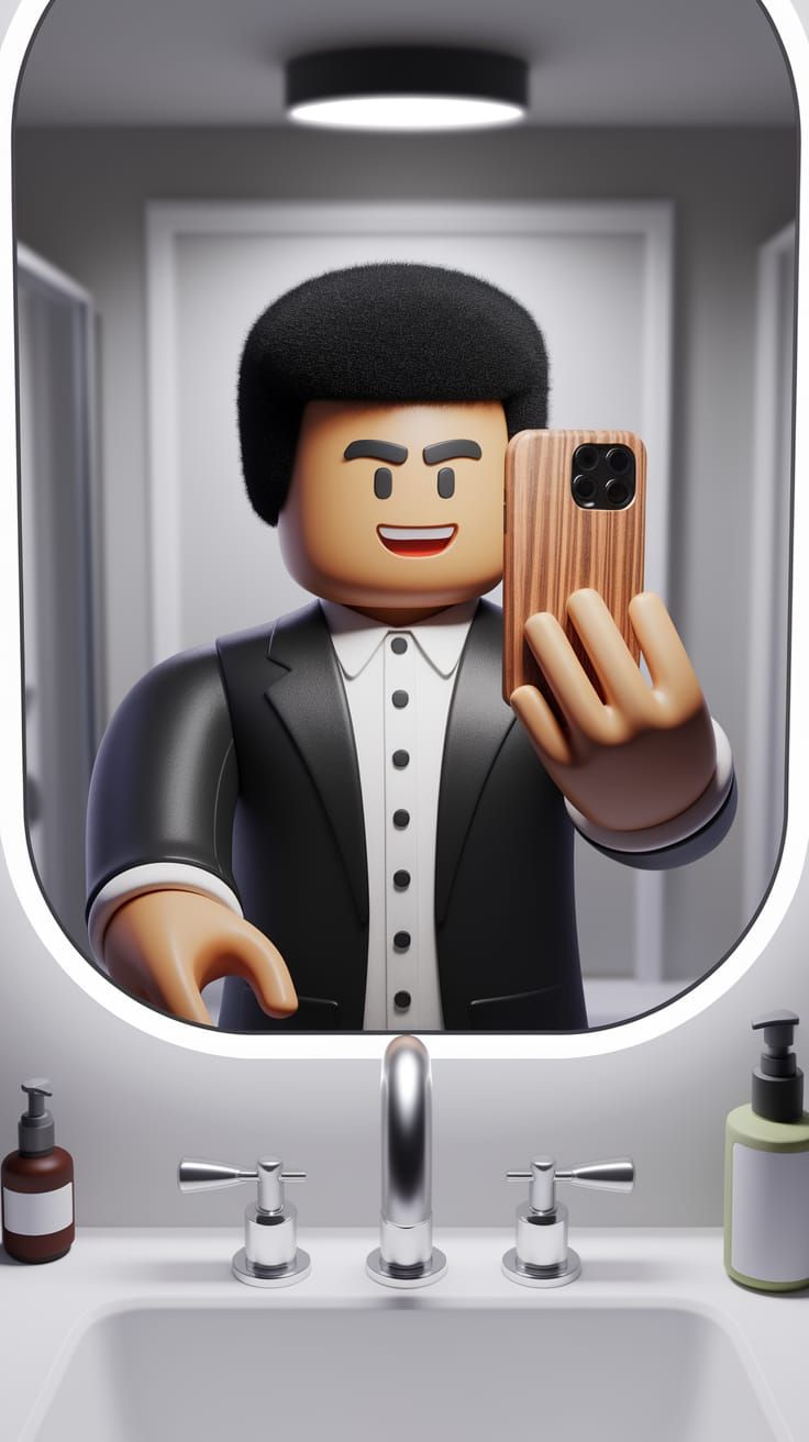 Sleek Roblox Character Takes a Bathroom Selfie in Formal Att...