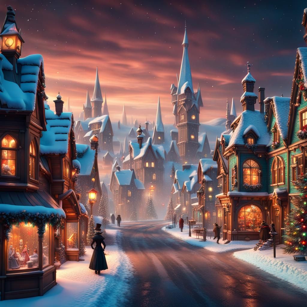 Steampunk gothic colorful Christmas Village in winter wonderland