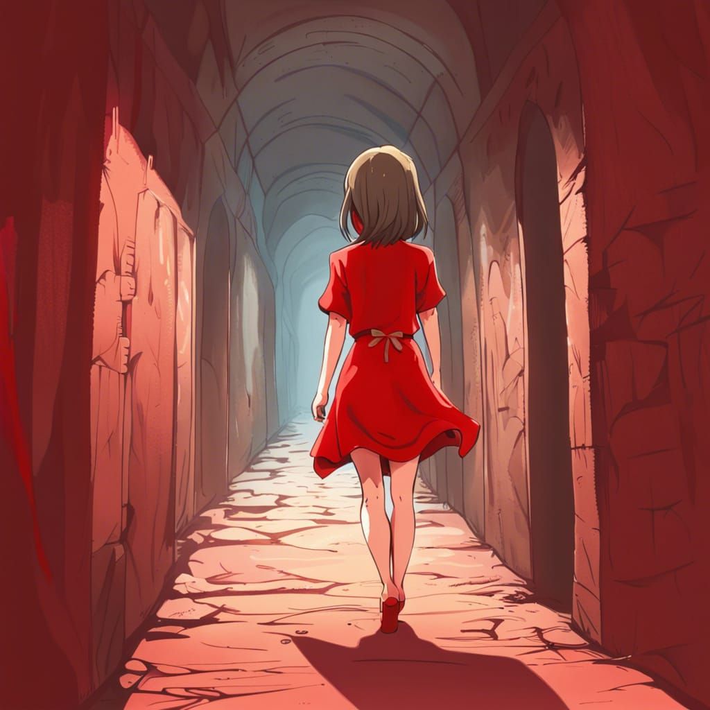Anime Girl in Red Dress Walking into Catacomb