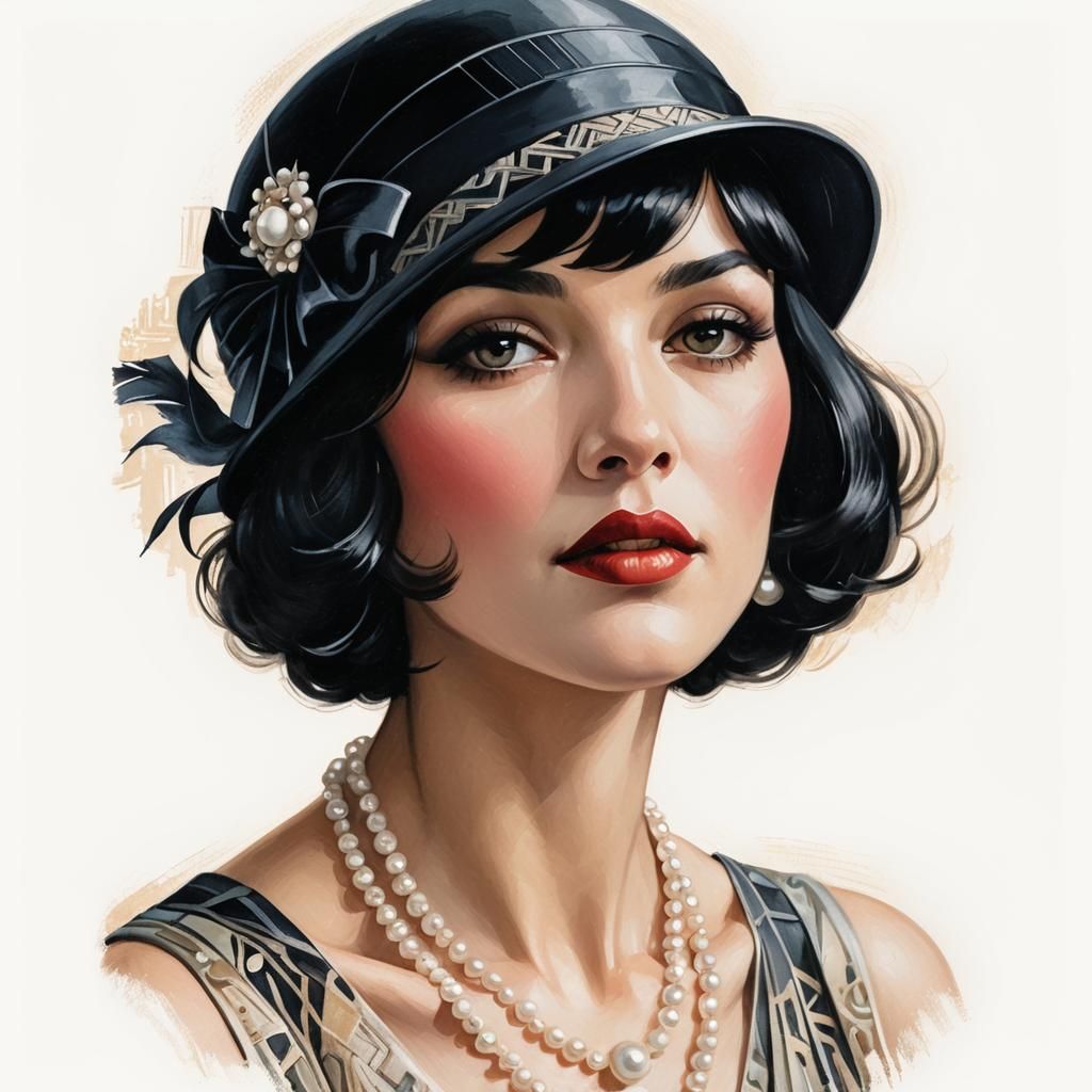 Roaring Twenties Girl in Art Deco Oil Painting