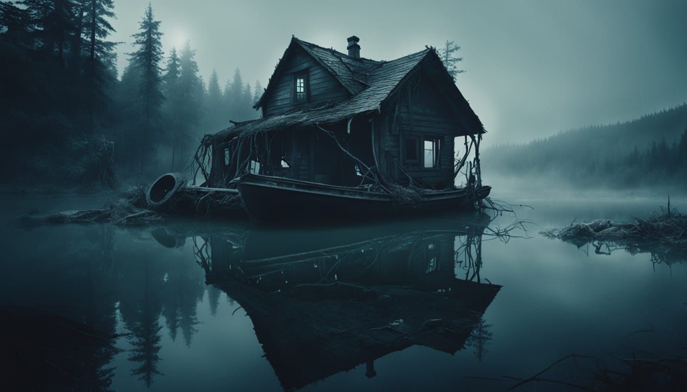 Ominous Cabin in Dark Forest: Cinematic Film Still