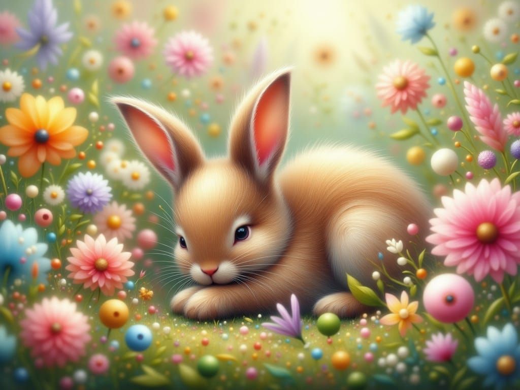 Extremely Cute Fuzzy Baby Bunny Sleeping in Flowers