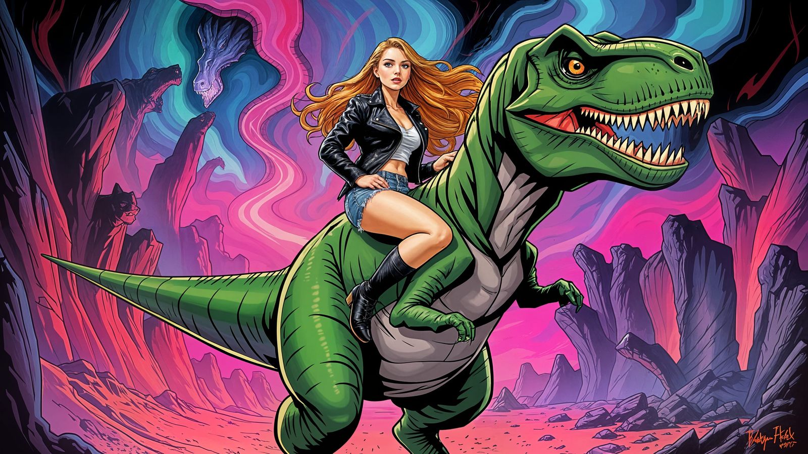 Sorceress Rides Cyberpunk T-Rex in Neon Dreamscape