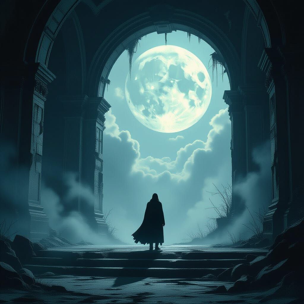 Figure Before Moonlit Portal on Ancient Stage