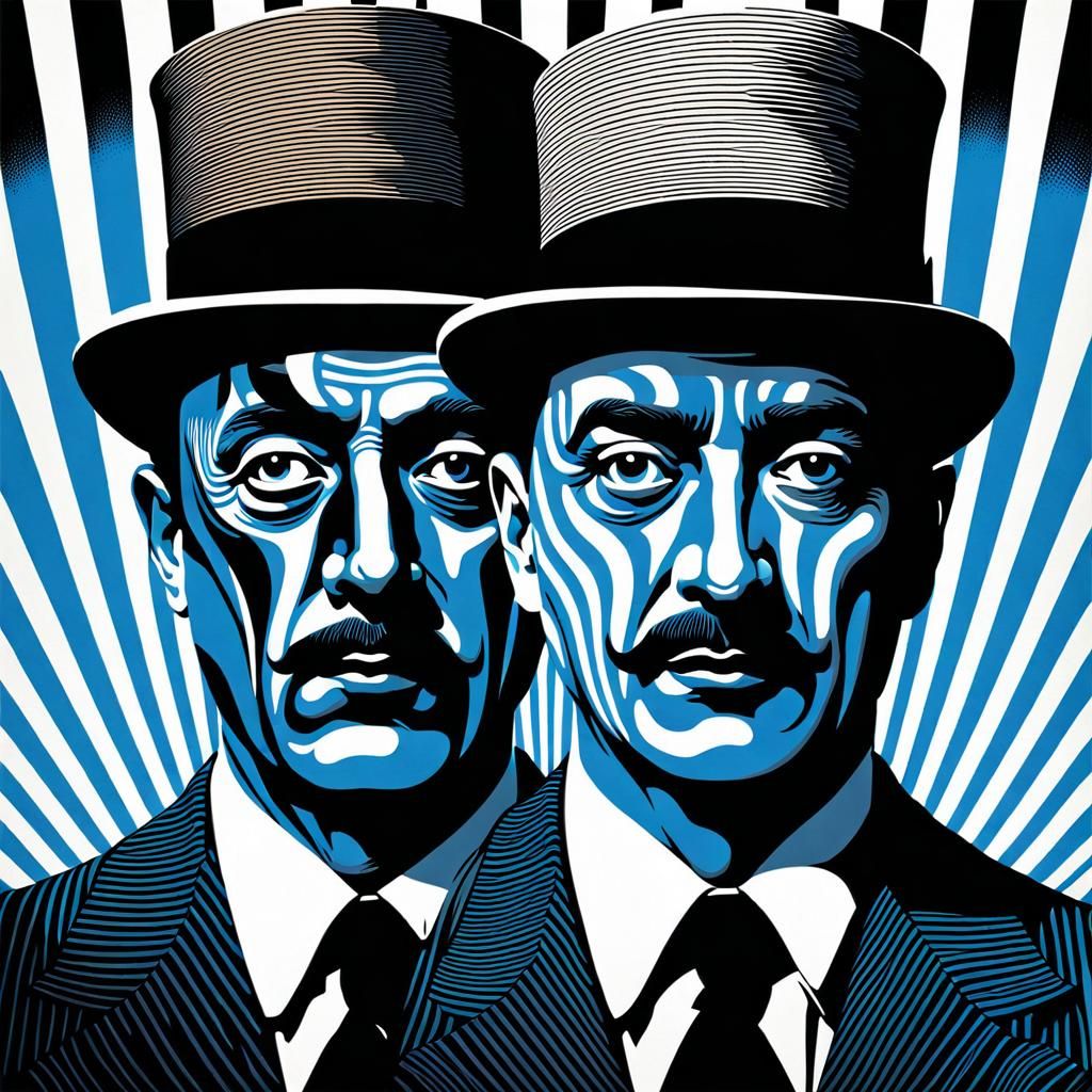 Brothers in Surreal Stripes: Etched Woodcut Print