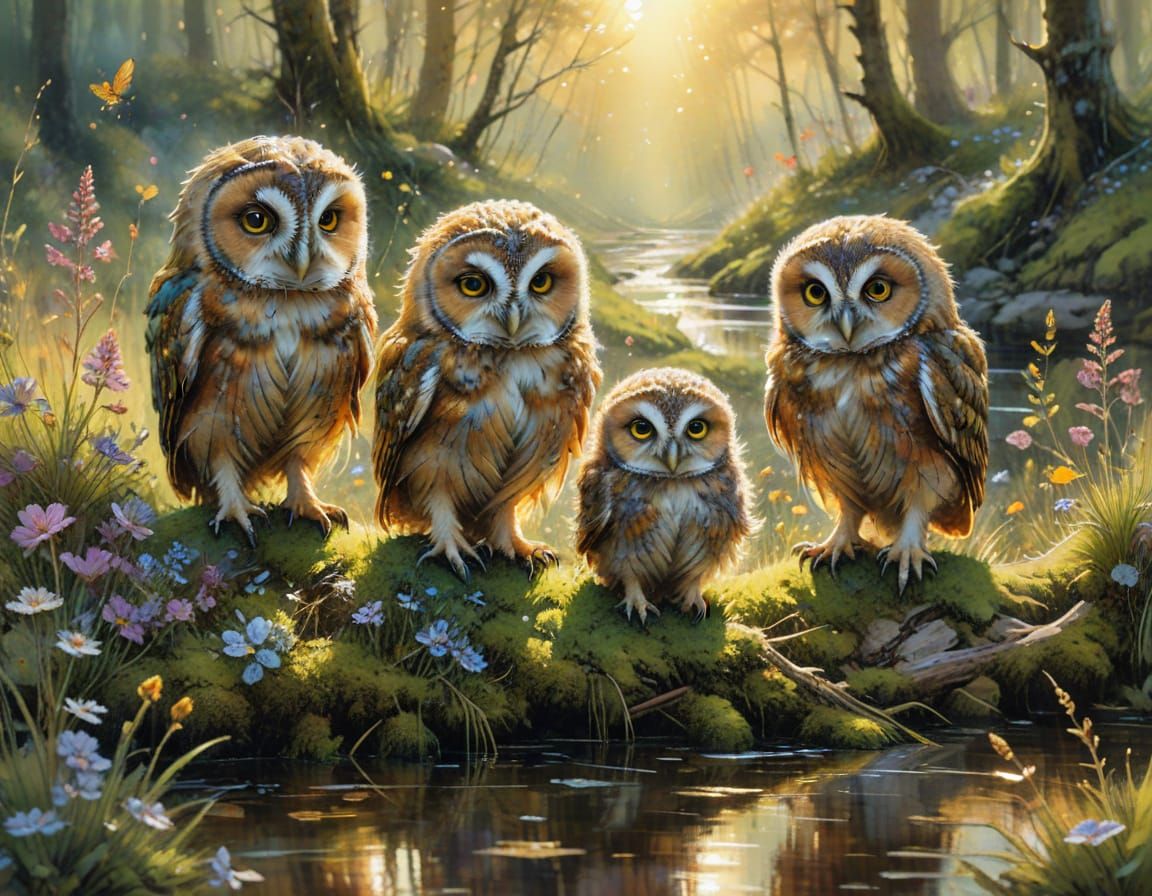 Owlets Play in Sun-Dappled Meadow, Watercolour Painting