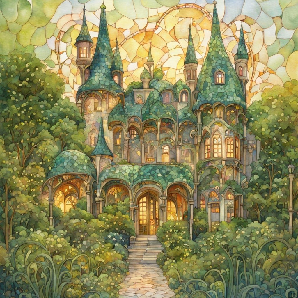 Art Nouveau House with Garden in Watercolour Style