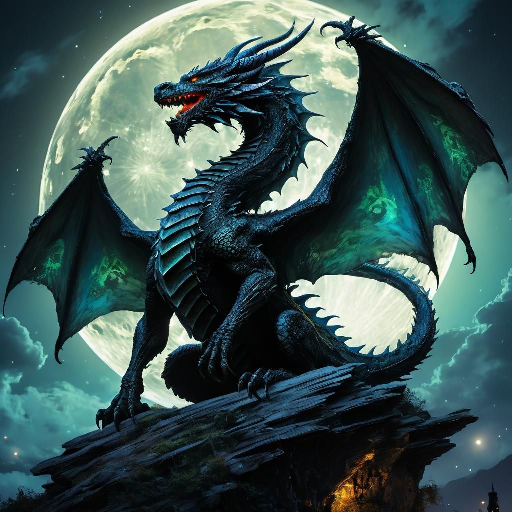 Dragon Silhouette Before Moon in Steampunk Style